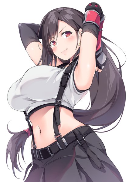 Anime picture 1062x1500 with final fantasy final fantasy vii final fantasy vii remake square enix tifa lockhart akizora momiji single long hair tall image looking at viewer blush breasts light erotic black hair simple background smile red eyes large breasts white background arms up