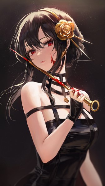 Anime picture 3311x5879 with spy x family yor briar dalgom0128 single long hair tall image looking at viewer fringe highres breasts open mouth black hair simple background hair between eyes red eyes standing holding absurdres cleavage upper body