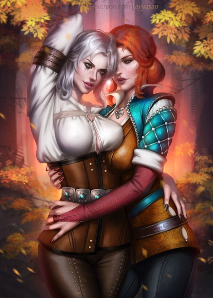 Anime picture 3572x5000 with the witcher the witcher 3 wild hunt ciri triss merigold ayyasap tall image fringe highres short hair breasts light erotic large breasts standing multiple girls green eyes signed yellow eyes absurdres silver hair nail polish