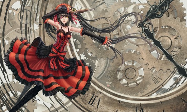 Anime picture 2000x1204 with date a live tokisaki kurumi infukun long hair highres black hair wide image twintails heterochromia uneven twintails girl dress weapon boots frills gun clock musket