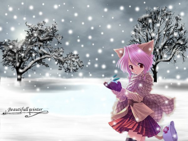 Anime picture 1024x768 with looking at viewer blush brown eyes animal ears pink hair tail animal tail pleated skirt cat ears cat girl snowing winter snow girl thighhighs skirt black thighhighs plant (plants) tree (trees)