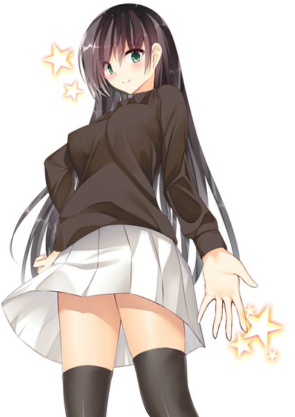 Anime picture 800x1130 with original iori (cpeilad) single long hair tall image looking at viewer blush black hair simple background smile white background green eyes from below girl thighhighs skirt black thighhighs star (symbol) sweater