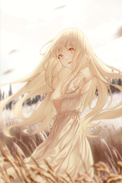 Anime picture 1333x2000 with original dlwhdals901 single long hair tall image looking at viewer fringe open mouth blonde hair standing yellow eyes sky outdoors arm up wind blurry girl dress white dress wheat