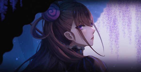 Anime picture 1500x771 with fate (series) fate/grand order murasaki shikibu (fate) inho song single long hair looking at viewer blush fringe hair between eyes brown hair wide image purple eyes payot upper body parted lips looking back two side up puffy sleeves girl