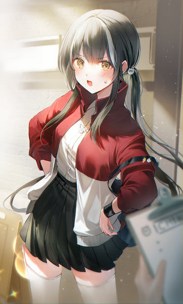 Anime picture 2853x4725 with original 2sham long hair tall image looking at viewer blush fringe highres open mouth black hair standing twintails yellow eyes payot blunt bangs pleated skirt multicolored hair blurry open jacket two-tone hair