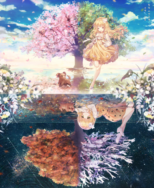 Anime picture 3000x3658 with original mini long hair tall image looking at viewer blush fringe highres open mouth blonde hair smile standing yellow eyes sky cloud (clouds) full body bent knee (knees) outdoors lying blunt bangs