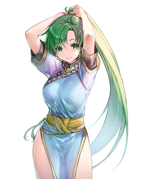 Anime picture 1227x1500 with fire emblem fire emblem heroes fire emblem: the blazing blade nintendo lyndis (fire emblem) miwabe sakura single long hair tall image looking at viewer fringe simple background white background green eyes ponytail green hair light smile arms up adjusting hair side slit