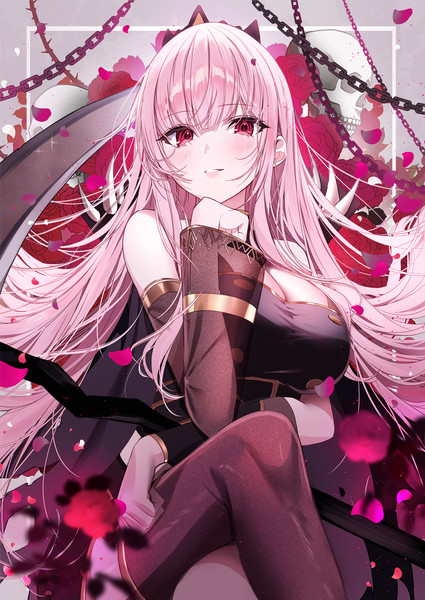 Anime picture 1500x2118 with virtual youtuber hololive hololive english mori calliope mori calliope (1st costume) ggatip single long hair tall image looking at viewer blush fringe breasts light erotic large breasts sitting bare shoulders pink hair blunt bangs parted lips