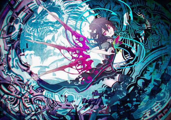Anime picture 1426x1000 with touhou houjuu nue kusakanmuri single short hair black hair smile looking away pink eyes flying fantasy asymmetrical wings girl thighhighs black thighhighs wings insect butterfly dragon