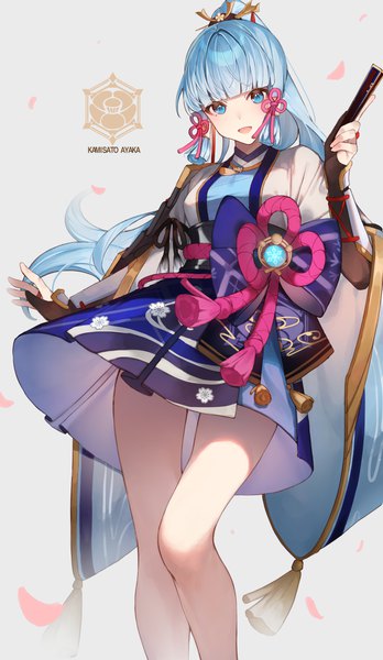 Anime picture 2318x4000 with genshin impact kamisato ayaka shotgunman single long hair tall image fringe highres open mouth blue eyes simple background blue hair ponytail blunt bangs :d grey background character names girl tassel fan