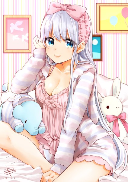 Anime picture 2315x3274 with original skskjogio2444 single long hair tall image looking at viewer blush fringe highres breasts blue eyes light erotic smile hair between eyes large breasts sitting signed cleavage silver hair indoors