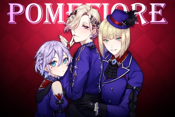 Anime picture 2389x1591 with twisted wonderland vil schoenheit epel felmier rook hunt mzm0117 looking at viewer fringe highres short hair blue eyes blonde hair hair between eyes purple eyes green eyes purple hair nail polish hair over one eye multiple boys red background checkered