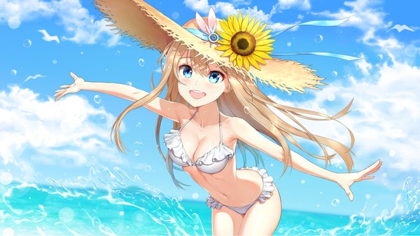 Anime picture 2560x1440 with girls frontline suomi kp31 (girls frontline) greem bang single long hair looking at viewer blush fringe highres breasts open mouth light erotic smile hair between eyes wide image standing sky cleavage cloud (clouds) outdoors