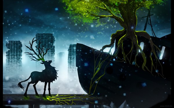 Anime picture 1920x1200 with romantically apocalyptic alexiuss luna133 highres wide image sky cloud (clouds) horn (horns) glowing snowing glowing eye (eyes) no people landscape silhouette ruins fog plant (plants) animal tree (trees) building (buildings)