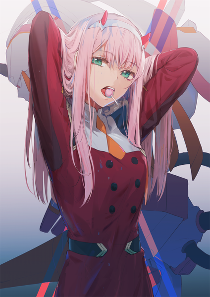 Anime picture 800x1132 with darling in the franxx studio trigger zero two (darling in the franxx) strelizia dangmill single long hair tall image looking at viewer fringe open mouth hair between eyes standing holding green eyes payot pink hair mouth hold arms behind head revision