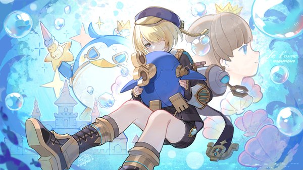 Anime picture 1920x1080 with genshin impact freminet (genshin impact) thelxie (genshin impact) lescot destree gou lianlian dogface single fringe highres short hair blue eyes blonde hair brown hair wide image profile hair over one eye boy hat bubble (bubbles) crown flat cap