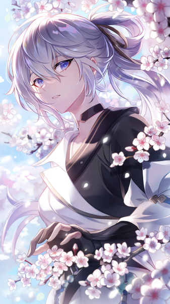 Anime-Bild 900x1600 mit original peumya single long hair tall image looking at viewer fringe blue eyes hair between eyes payot silver hair upper body outdoors ponytail parted lips sunlight cherry blossoms hair rings girl gloves