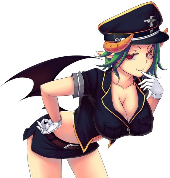 Anime picture 957x1000 with original kisaragi yakumo single tall image looking at viewer short hair breasts light erotic simple background smile red eyes large breasts white background horn (horns) green hair girl skirt miniskirt wings peaked cap