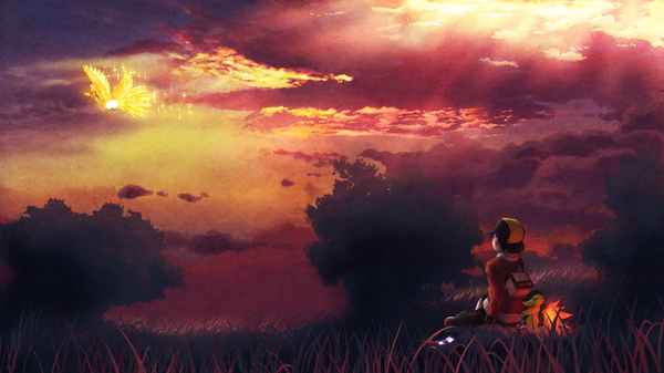 Anime picture 1600x900 with pokemon pokemon heartgold and soulsilver nintendo cyndaquil gold (pokemon) ho-oh toitoi508 single short hair wide image sitting cloud (clouds) outdoors long sleeves from behind sunlight evening looking up scenic gen 2 pokemon