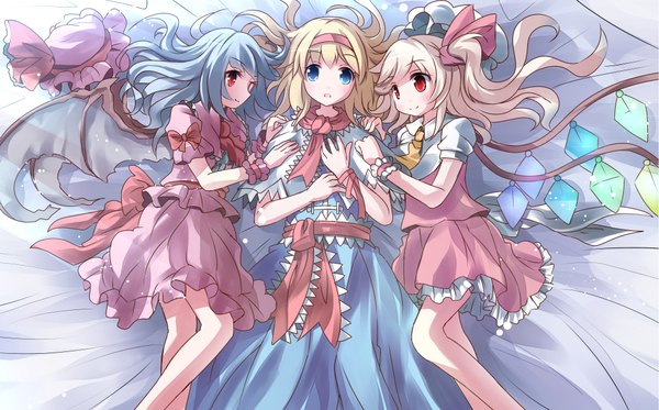Anime picture 2012x1254 with touhou flandre scarlet remilia scarlet alice margatroid risutaru long hair looking at viewer blush fringe highres open mouth blue eyes blonde hair smile hair between eyes red eyes wide image multiple girls blue hair lying