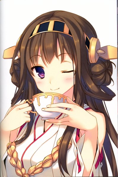 Anime picture 2004x3019 with kantai collection kongou battleship tatami to hinoki single long hair tall image looking at viewer blush fringe highres breasts simple background smile brown hair white background purple eyes holding payot cleavage traditional clothes