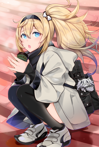 Anime picture 1500x2220 with kantai collection gambier bay (kantai collection) escort water hime yuna (yukiyuna) single long hair tall image looking at viewer fringe blue eyes blonde hair hair between eyes sitting ahoge side ponytail steam girl thighhighs hair ornament black thighhighs