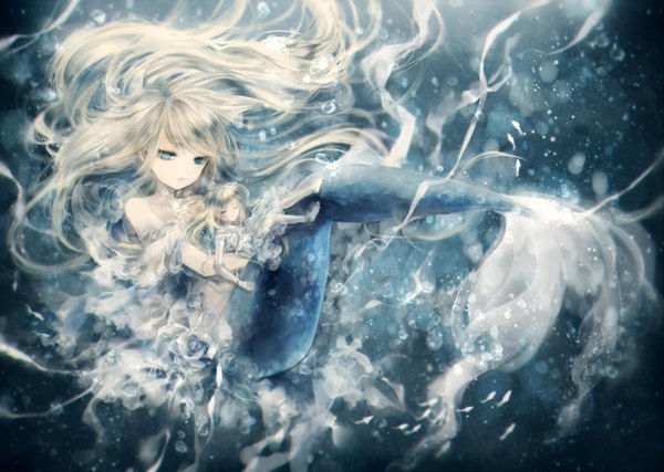 Anime picture 2087x1488 with original onineko long hair highres blue eyes blonde hair underwater girl bubble (bubbles) doll (dolls) mermaid