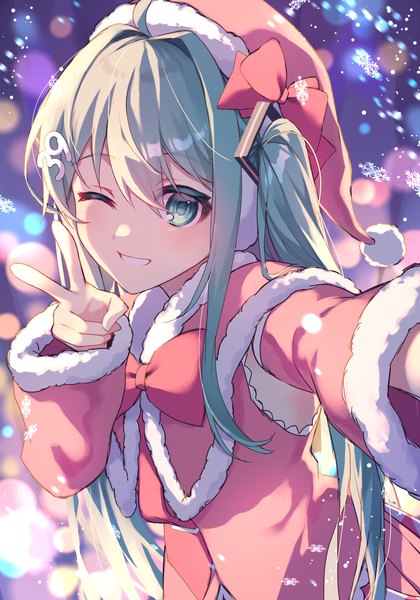Anime picture 2100x3000 with vocaloid hatsune miku kurobikari single long hair tall image looking at viewer fringe highres smile hair between eyes twintails upper body one eye closed aqua eyes wink aqua hair grin victory christmas