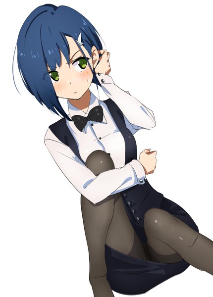 Anime picture 600x836 with darling in the franxx studio trigger ichigo (darling in the franxx) senjitsu musou single tall image looking at viewer blush fringe light erotic simple background white background sitting green eyes blue hair long sleeves hair over one eye alternate costume sweatdrop formal