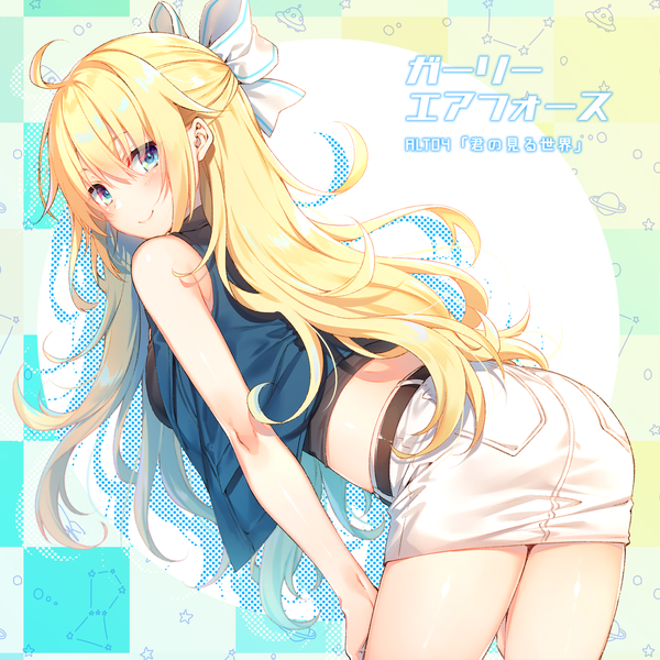 Anime picture 1416x1416 with girly air force eagle (girly air force) toosaka asagi single long hair looking at viewer blush fringe blue eyes blonde hair smile hair between eyes standing payot ahoge looking back from behind copyright name sleeveless half updo