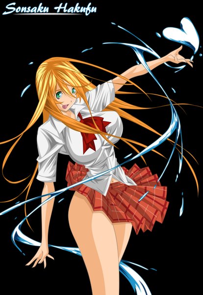 Anime picture 1100x1594 with ikkitousen sonsaku hakufu raizen13 single long hair tall image looking at viewer breasts open mouth light erotic smile large breasts green eyes orange hair inscription coloring magic black background skirt lift girl