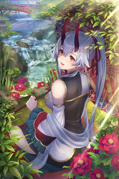 Anime picture 1198x1800 with fate (series) fate/grand order tomoe gozen (fate) pantsu majirou single long hair tall image looking at viewer blush fringe open mouth smile hair between eyes red eyes sitting holding silver hair outdoors traditional clothes :d