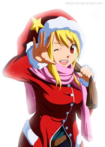 Anime picture 1300x1820 with fairy tail lucy heartfilia fabiansm single long hair tall image fringe open mouth blonde hair smile red eyes white background one eye closed wink coloring christmas merry christmas girl scarf star (symbol)