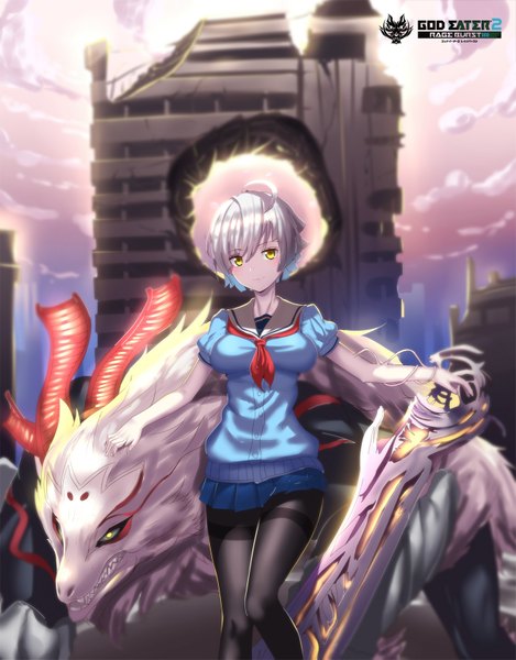 Anime picture 1312x1679 with god eater 2 hk (hak) tall image looking at viewer fringe short hair breasts smile holding yellow eyes sky silver hair cloud (clouds) pleated skirt teeth fang (fangs) copyright name clenched teeth destruction girl