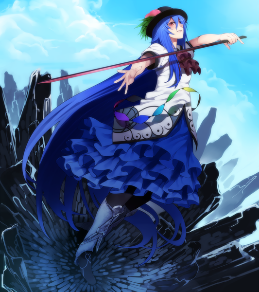 Anime picture 2000x2250 with touhou hinanawi tenshi irohara mitabi single long hair tall image highres red eyes blue hair mountain girl hat sword