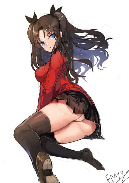 Anime picture 700x990 with fate (series) fate/stay night type-moon toosaka rin emyo single long hair tall image looking at viewer fringe breasts blue eyes light erotic black hair simple background white background sitting twintails signed bent knee (knees)