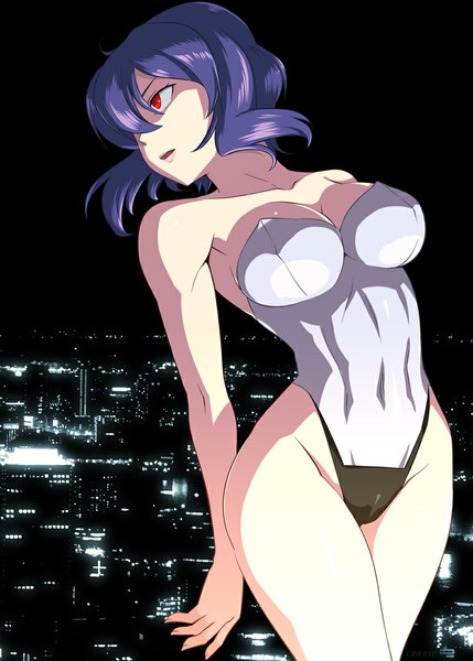 Anime picture 777x1087 with ghost in the shell production i.g kusanagi motoko caffein single tall image short hair breasts light erotic red eyes large breasts bare shoulders looking away cleavage purple hair night thighs city covered navel city lights