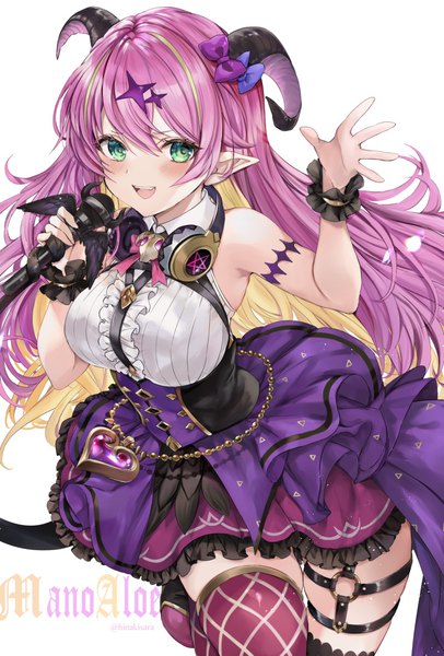 Anime picture 800x1181 with virtual youtuber hololive mano aloe hinahino single long hair tall image blush fringe open mouth simple background hair between eyes white background green eyes pink hair :d multicolored hair horn (horns) pointy ears two-tone hair