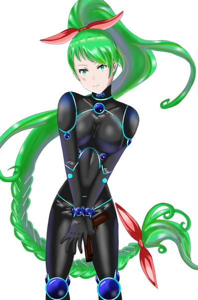 Anime picture 1340x2024 with original kristi palmer31 single long hair tall image looking at viewer fringe breasts light erotic smile standing green eyes braid (braids) green hair single braid scar transparent background girl bow weapon
