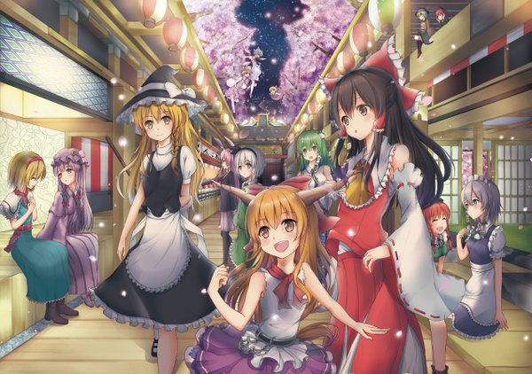 Anime picture 5081x3577 with touhou hakurei reimu kirisame marisa izayoi sakuya konpaku youmu patchouli knowledge kochiya sanae alice margatroid cirno komeiji koishi reisen udongein inaba hong meiling moriya suwako ibuki suika kaenbyou rin rumia karumayu long hair highres short hair