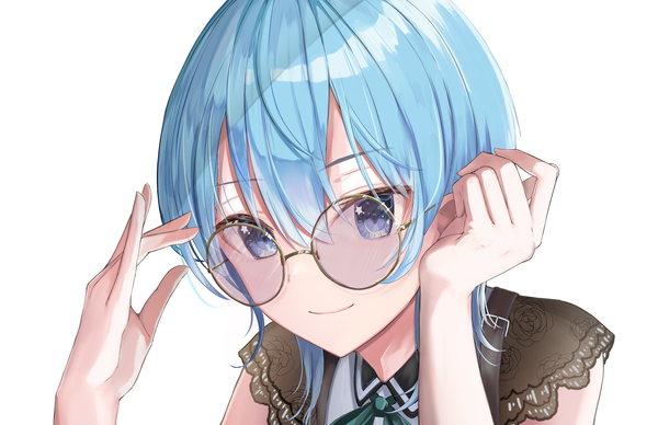 Anime picture 2753x1778 with virtual youtuber hololive hoshimachi suisei kinuta racoon single fringe highres short hair blue eyes simple background smile hair between eyes white background blue hair looking away upper body adjusting sunglasses girl sunglasses