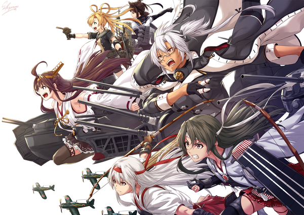 Anime-Bild 2121x1500 mit kantai collection kongou battleship shoukaku aircraft carrier zuikaku aircraft carrier musashi super battleship hatsuzuki destroyer abukuma light cruiser sakiyamama long hair fringe highres short hair open mouth blue eyes black hair simple background blonde hair hair between eyes red eyes brown hair