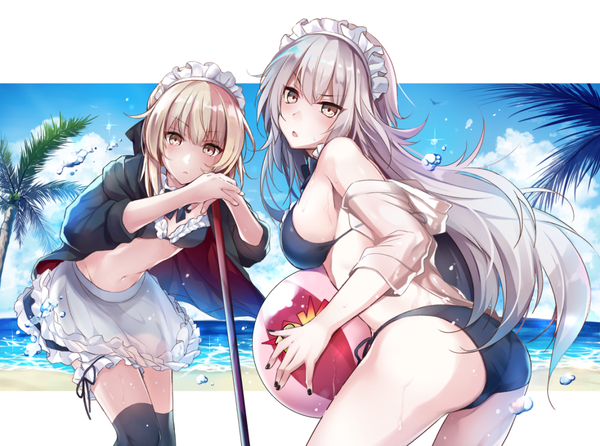 Anime picture 1075x800 with fate (series) fate/grand order artoria pendragon (all) jeanne d'arc (fate) (all) jeanne d'arc alter (fate) artoria pendragon (alter swimsuit rider) (fate) hirai yuzuki long hair looking at viewer blush short hair breasts open mouth light erotic blonde hair large breasts standing white background bare shoulders multiple girls