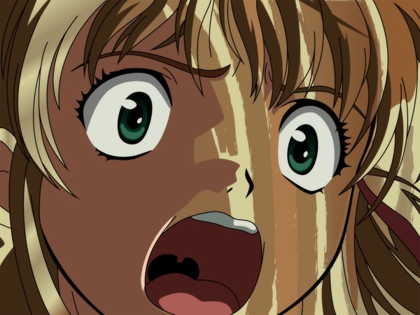 Anime picture 1600x1200 with yakitate!! japan azusagawa tsukino single fringe open mouth brown hair green eyes looking away close-up face vector screaming scared derivative work girl