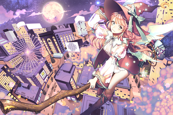 Anime picture 1500x1000 with original neoni22(pixiv 14641488) single long hair blush fringe smile sitting holding pink hair cloud (clouds) full body aqua eyes from above night wide sleeves sparkle night sky city cityscape