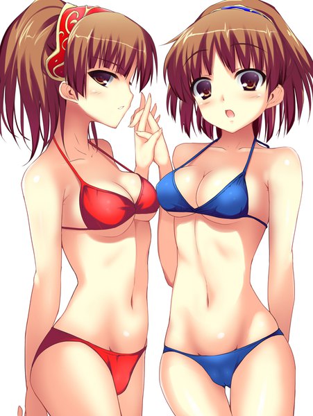 Anime picture 752x1000 with puyopuyo arle nadja doppelganger arle kishiki kanmitsu tall image looking at viewer blush fringe short hair breasts open mouth light erotic simple background brown hair large breasts standing white background multiple girls brown eyes ponytail