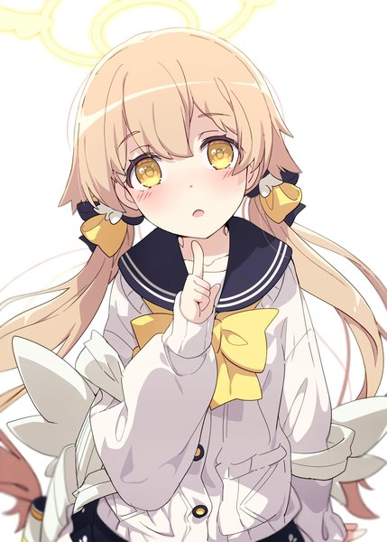 Anime picture 1476x2066 with blue archive hifumi (blue archive) ogipote single long hair tall image looking at viewer open mouth brown hair white background twintails yellow eyes long sleeves low twintails finger to mouth girl uniform serafuku halo cardigan