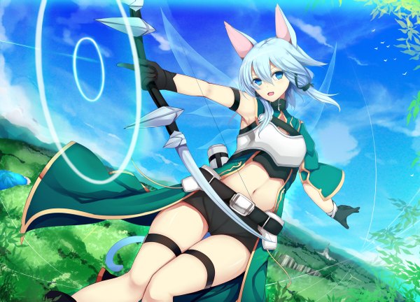 Anime picture 1200x865 with sword art online a-1 pictures asada shino daiaru single long hair looking at viewer open mouth blue eyes animal ears sky tail animal tail cat ears aqua hair cat tail spread arms flying girl gloves