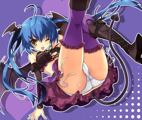 Anime picture 1280x1080 with yukiwo light erotic simple background twintails yellow eyes blue hair ahoge tail one eye closed wink pantyshot bat wings head wings girl thighhighs underwear panties wings boots knee boots
