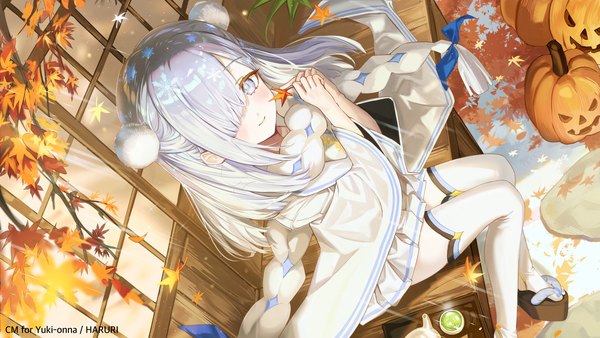 Anime picture 2062x1160 with original haruri single long hair looking at viewer fringe highres smile wide image sitting signed silver hair from above hair over one eye wide sleeves halloween silver eyes snowflake print girl thighhighs